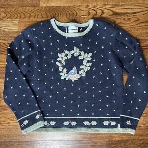 VTG Christopher & Banks Holly Berry Wreath Pullover Sweater Womens S Embroidered